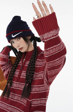 Women Stripe Sweater Half Zipper Fashion Vintage Knitting Pullover-WF00273-Veeddydropshipping