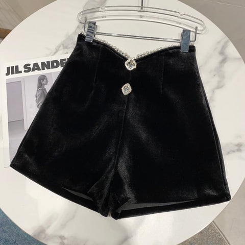 Diamond Button High Waist Casual Velvet Shorts-WF00440-Veeddydropshipping