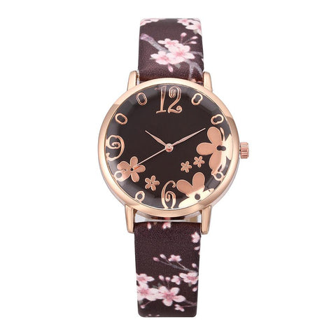 New Fashion Flowers Printed Belt Dial Watch Female Student Quartz Watch