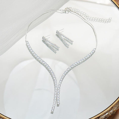 Simple Zircon Necklace Earrings Women Crystal Earrings for Wedding-JW01335-Veeddydropshipping