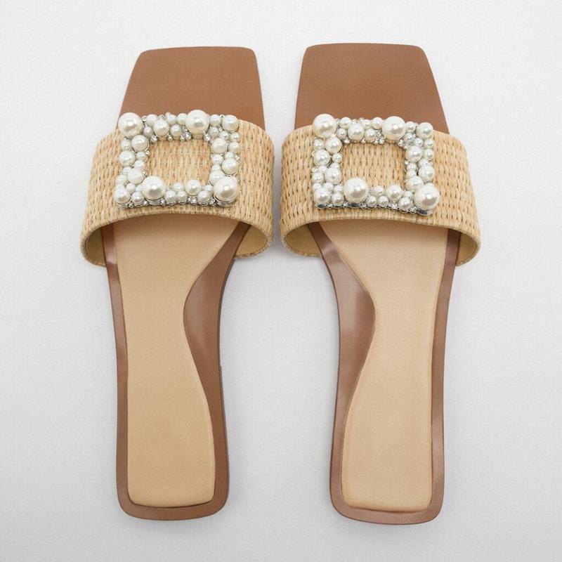 Woven Strap Autumn Front Pearl Slippers Woman Squared-BS00855-Veeddydropshipping