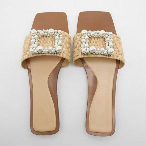 Woven Strap Autumn Front Pearl Slippers Woman Squared-BS00855-Veeddydropshipping