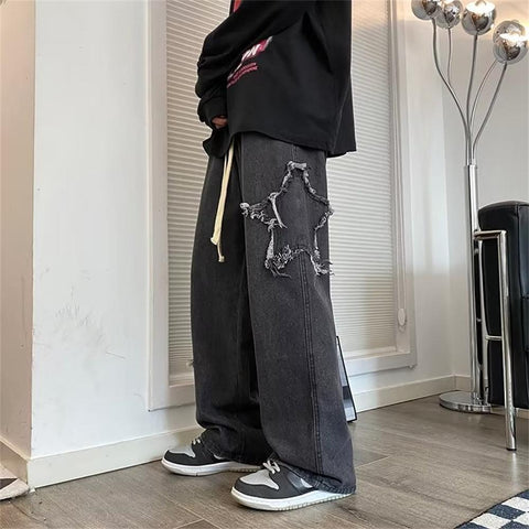 Jeans Men Retro Washed Patch Loose Wide Leg Pants-MF00612-Veeddydropshipping