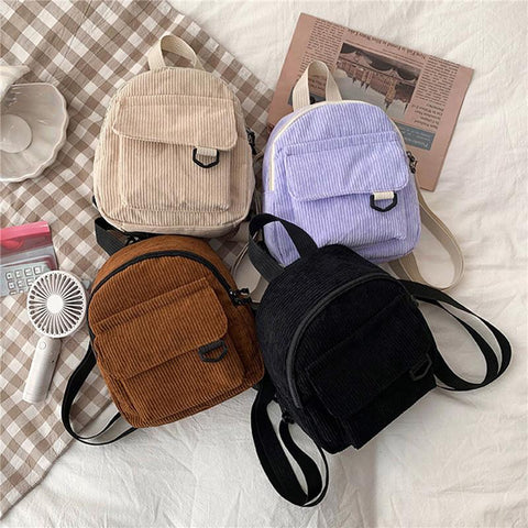 Solid Color Corduroy Small Backpacks Simple Casual Student Bookbags-BS00063-Veeddydropshipping