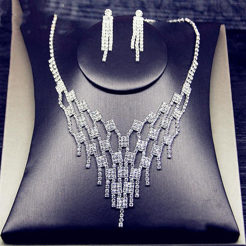 Shine Geometric Rhinestone Necklace Earrings Tassel Jewelry Sets  -JW00298-Veeddydropshipping