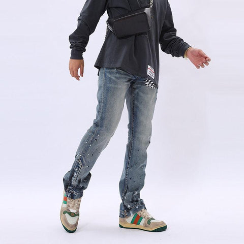 fashion jeans men male street blue denim pants Ink throwing-MF00582-Veeddydropshipping