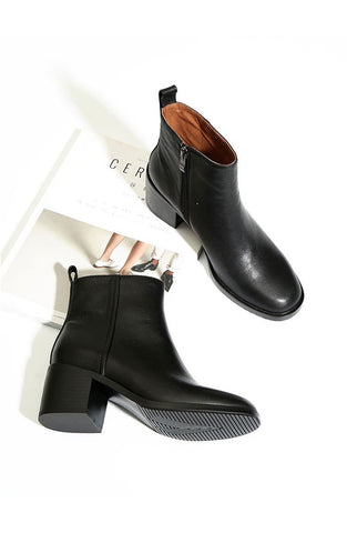 Thick-heeled  boots women leather single boots square toe short-BS01034-Veeddydropshipping