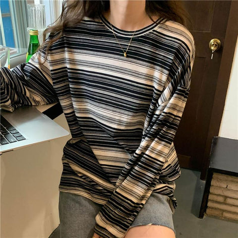Women Striped Long Sleeve T-Shirt Korean Style Oversized-WF00248-Veeddydropshipping