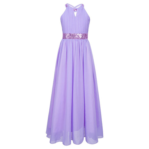 Kids Girls Shiny Sequin Chiffon Dress Sleeveless Cut-out Floor Length Party-TB00851-Veeddydropshipping