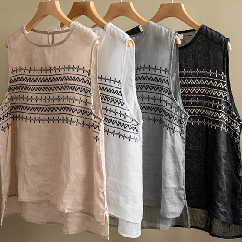 Arts Style Vintage Embroidery Women Loose Sleeveless Tops-WF00329-Veeddydropshipping