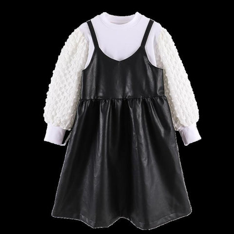 Girl Dress Party Dresses Ruffle Collar Strap pu Long-sleeve Dress-TB00920-Veeddydropshipping