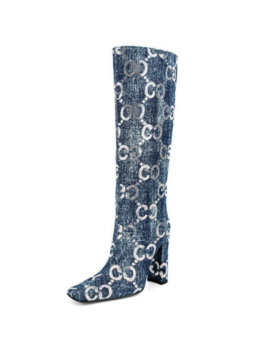 Knee Length Women&#39;s Boots Fashion Sequins Denim-BS00971-Veeddydropshipping