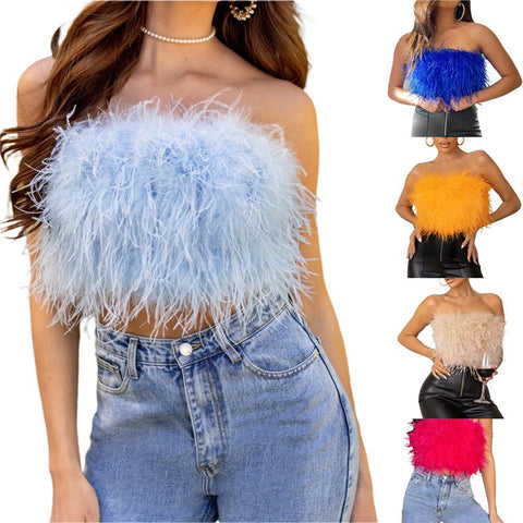 Women Solid Color Furry Feather Strapless T-Shirt Off Shoulder-WF00315-Veeddydropshipping