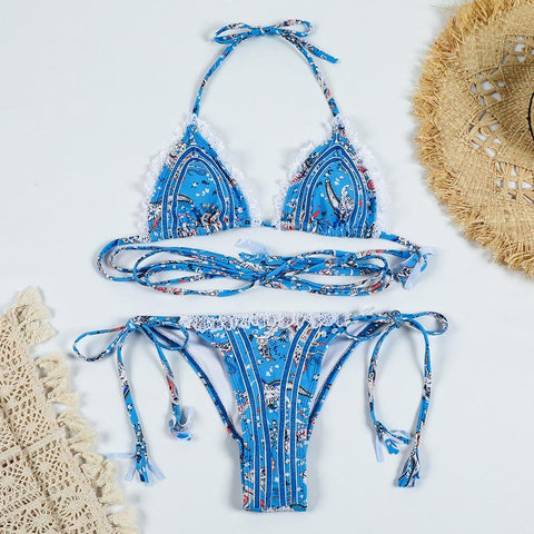 Sexy Bikini Hollow Out Swimsuit 2023 Women Swimwear Printed Lace Thong  -OS00116-Veeddydropshipping