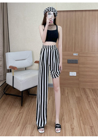Women Elegant Striped High Waist Wide Leg cargo Pants-WF00420-Veeddydropshipping