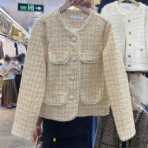 Pearls Vintage Cropped Tweed Jacket Women Korean Fashion-Veeddydropshipping