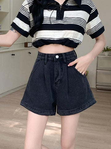 Wide Leg Button Denim Shorts High Waist Jeans-WF00097-Veeddydropshipping