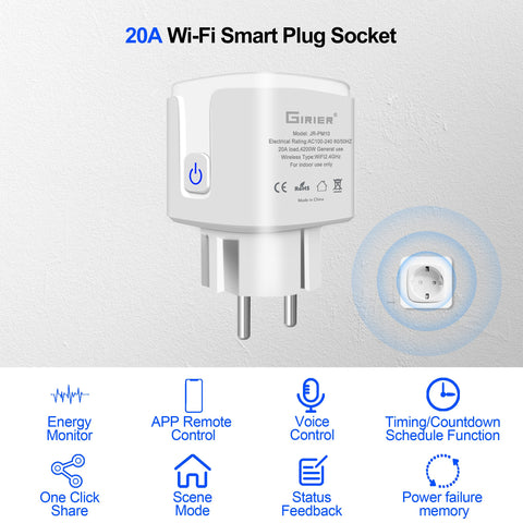 Tuya Wifi Smart Plug 20A EU Smart Socket Outlet with Power Monitor -CE00531-Veeddydropshipping