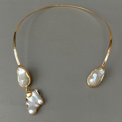 Natural White Freshwater Pearl Yellow Gold color Plated Choker Necklace  -JW00144-Veeddydropshipping