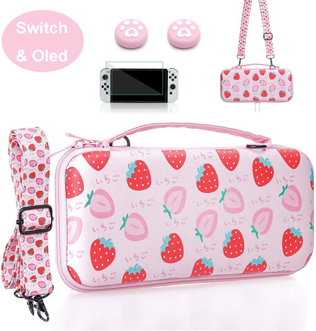 NS Oled Accessories Kit Hard Storage Case Pink Protective Shell Strawberry Cover Box -CE01501-Veeddydropshipping