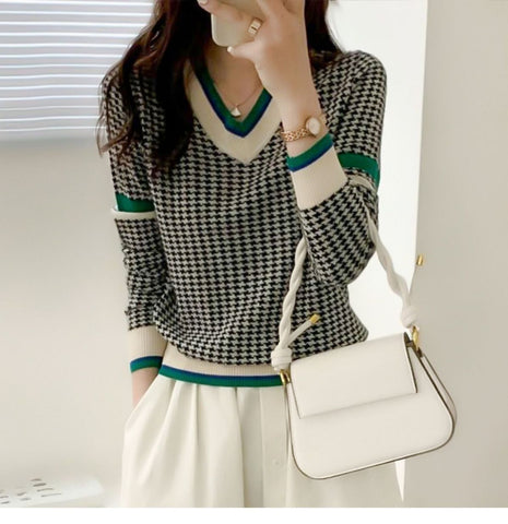V-neck Houndstooth Casual Fashion Sweater-WF00094-Veeddydropshipping