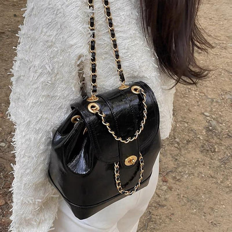 Chains Backpack Female Ins Student Oil Wax Leather Shoulder Bag Travel-BS00030-Veeddydropshipping