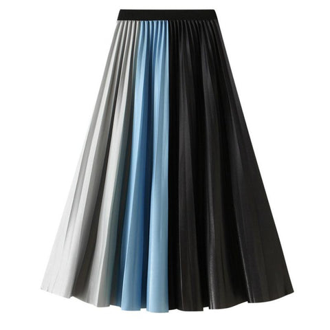 Women Block Pleated Long Skirt Elastic Waist-Veeddydropshipping