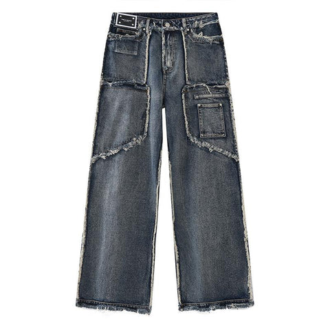 Pants Vintage Wash Rough Edge Straight Tube Splicing Male-MF00443-Veeddydropshipping