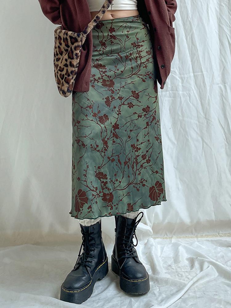 Floral Print Vintage Midi Skirt Women Fashion-WF00408-Veeddydropshipping