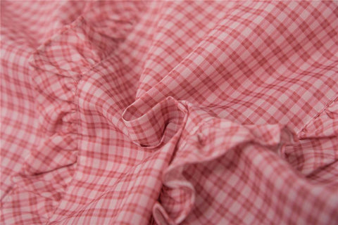 Retro Plaid Single-breasted Shirt Puff Sleeve Ruffled Round Neck-WF00288-Veeddydropshipping