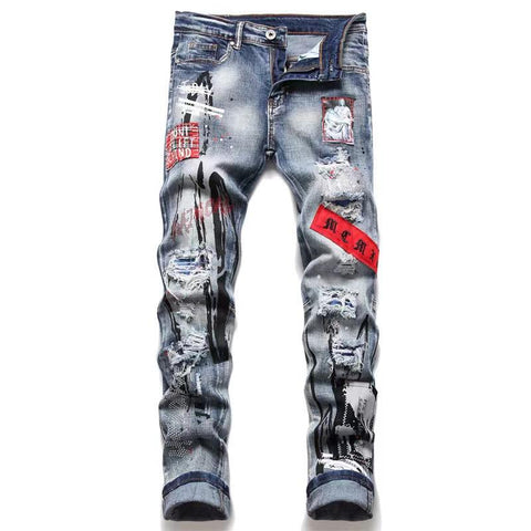 Jean Men Embroidery Patchwork Ripped Jeans Trend-MF00653-Veeddydropshipping