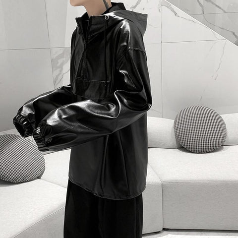 PU Leather Darkwear Solid Color High Street Long Sleeve-MF01359-Veeddydropshipping