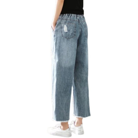 High Street Style Floral Embroidery Bleached Denim Pants-WF00489-Veeddydropshipping