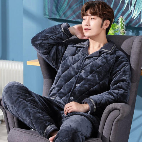 Warm Sleepwear Men&#39;s Flannel Winter Thick Pajamas Long Sleeve Casual-MF01605-Veeddydropshipping