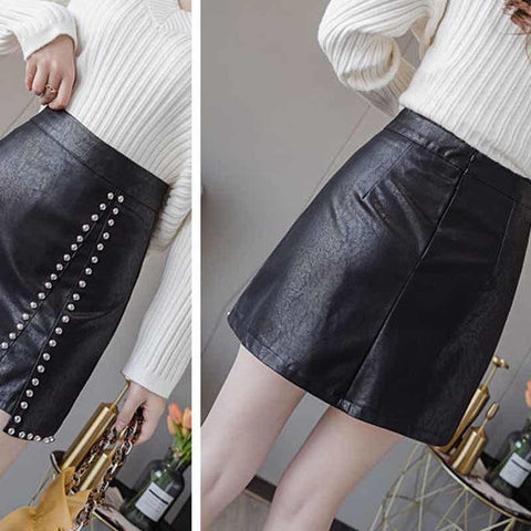 Women Studded Pu Leather Skirt-Veeddydropshipping