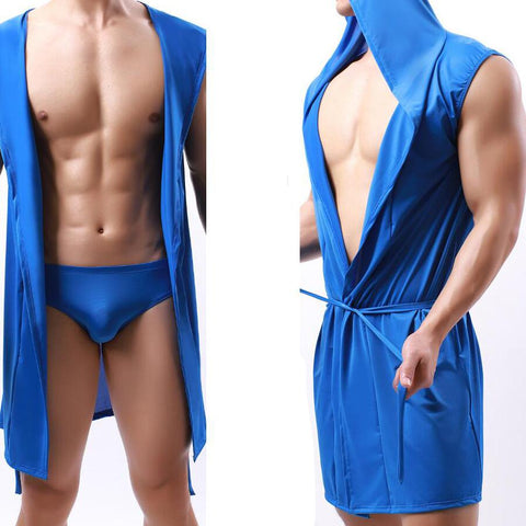 Sleeveless Oversized Silky Male Pajamas Hooded Bathrobe Ultra-thin Homewear-MF01599-Veeddydropshipping