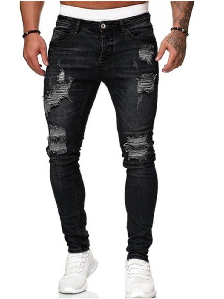 Jeans Blue Slim Fit Hole Pencil Pants Biker Casual Trousers-MF00446-Veeddydropshipping