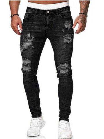 Jeans Blue Slim Fit Hole Pencil Pants Biker Casual Trousers-MF00446-Veeddydropshipping