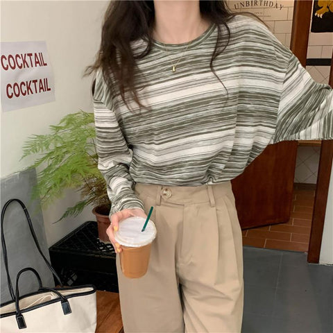 Women Striped Long Sleeve T-Shirt Korean Style Oversized-WF00248-Veeddydropshipping