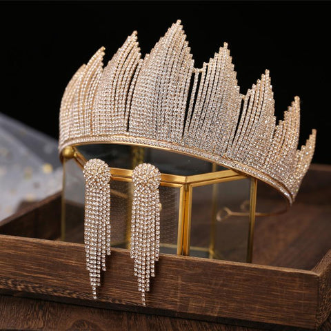 Crystal Bridal  Crown With Earrings Hair Accessories  -JW00513-Veeddydropshipping