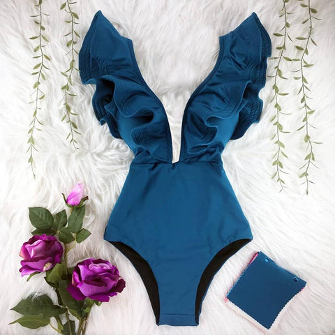2022 New Print Swimwear Deep V-neck Ruffle Swimsuit Push Up One Piece Swimsuit-OS00066-Veeddydropshipping