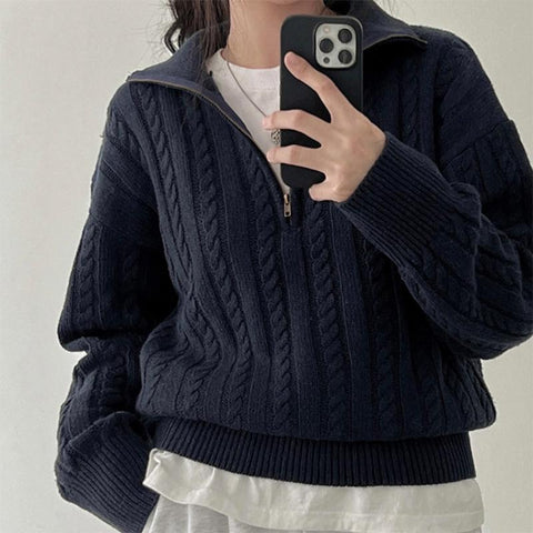 New Solid Color Sweater Long Sleeve Zipper Lady Knitwear-Veeddydropshipping