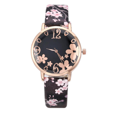 New Fashion Flowers Printed Belt Dial Watch Female Student Quartz Watch