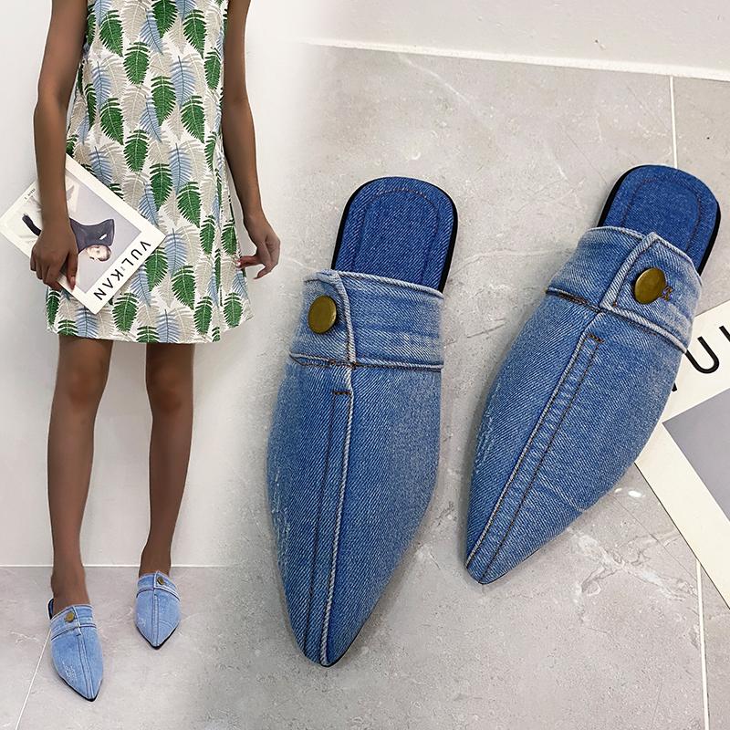Womens Slippers Denim Round Toe Flat Shoes Female-BS01210-Veeddydropshipping