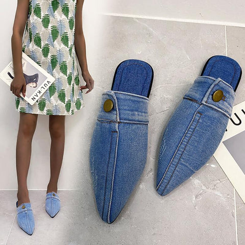 Womens Slippers Denim Round Toe Flat Shoes Female-BS01210-Veeddydropshipping