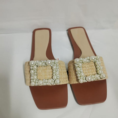 Woven Strap Autumn Front Pearl Slippers Woman Squared-BS00855-Veeddydropshipping