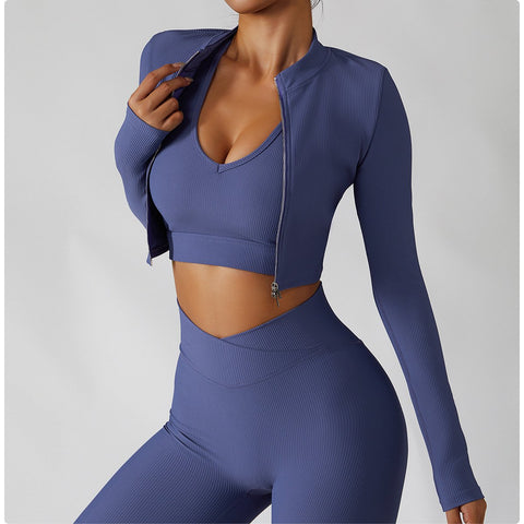 Jacket, Sports Bra, Leggings 3 Piece Set Women's Tracksuit, Red Blue Ribbed -OS00721-Veeddydropshipping