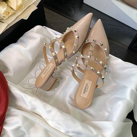 Pointed Thick heel Slippers Rivets Sexy Woman Pointed Toe Dress-BS00810-Veeddydropshipping