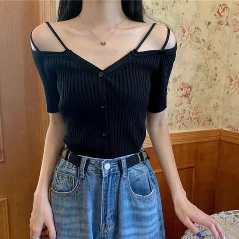 Summer Off Shoulder V Neck Kintted Woman T-shirts-Veeddydropshipping