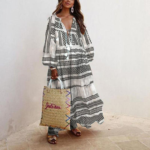 Elegant Sexy V-Neck Tassel Puff Sleeve Mid Length Dresses-Veeddydropshipping